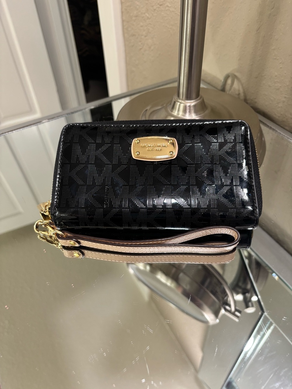 Michael Kors Black Patent Logo Wristlet with Gold Plaque and Tan Strap wallet